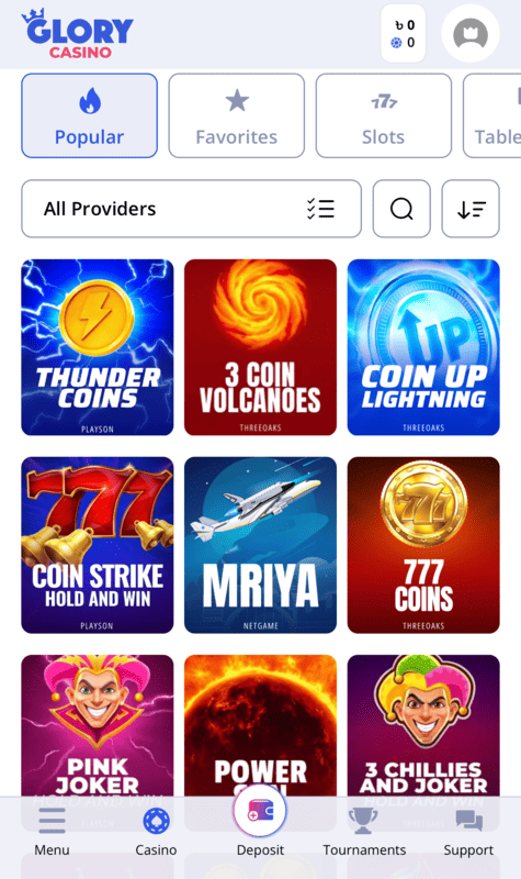 Choose your favorite game in Glory Casino App